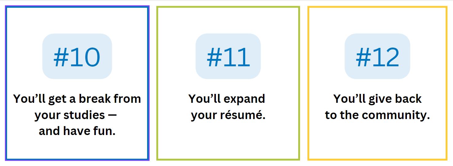 Boxes highlighting reasons 10, 11 and 12 on why to join a student organization: 10. You’ll get a break from your studies — and have fun. 11. You’ll expand your résumé. 12. You’ll give back to the community. 