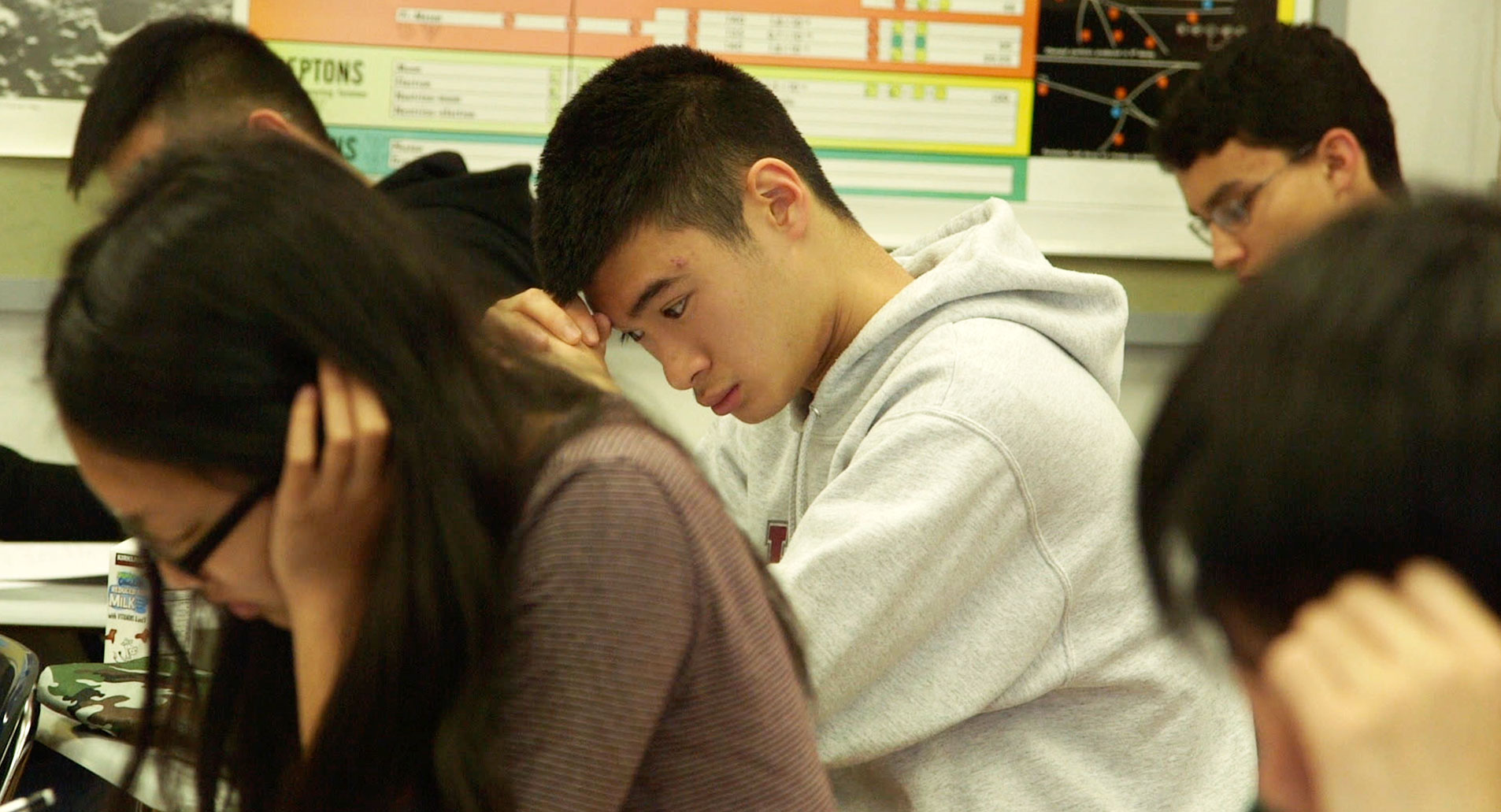 student J Chu taking a test and stressing out, from Try Harder!