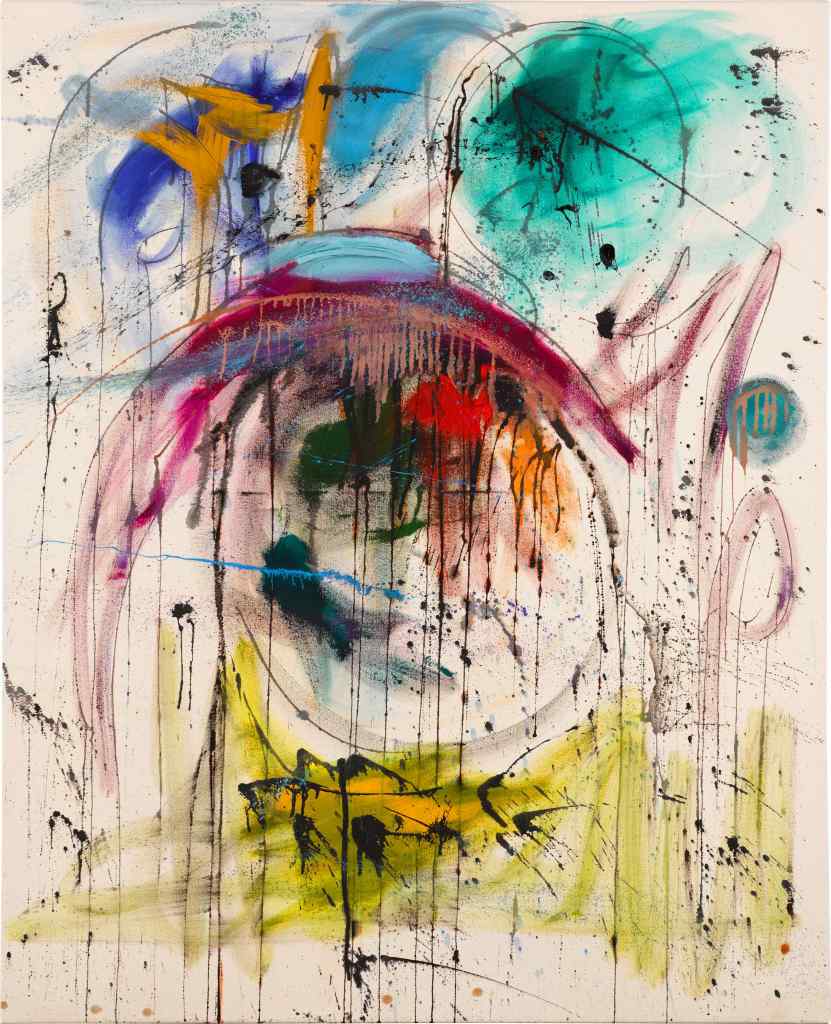 A photo of a painting that is many colors scattered on a white background. There are also black in spots and lines.