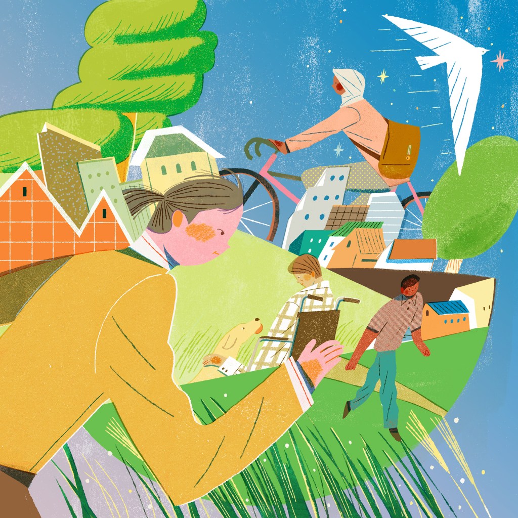 A colorful digital illustration with blue sky, green trees and grasses and people walking, biking and using a wheelchair through a neighborhood.