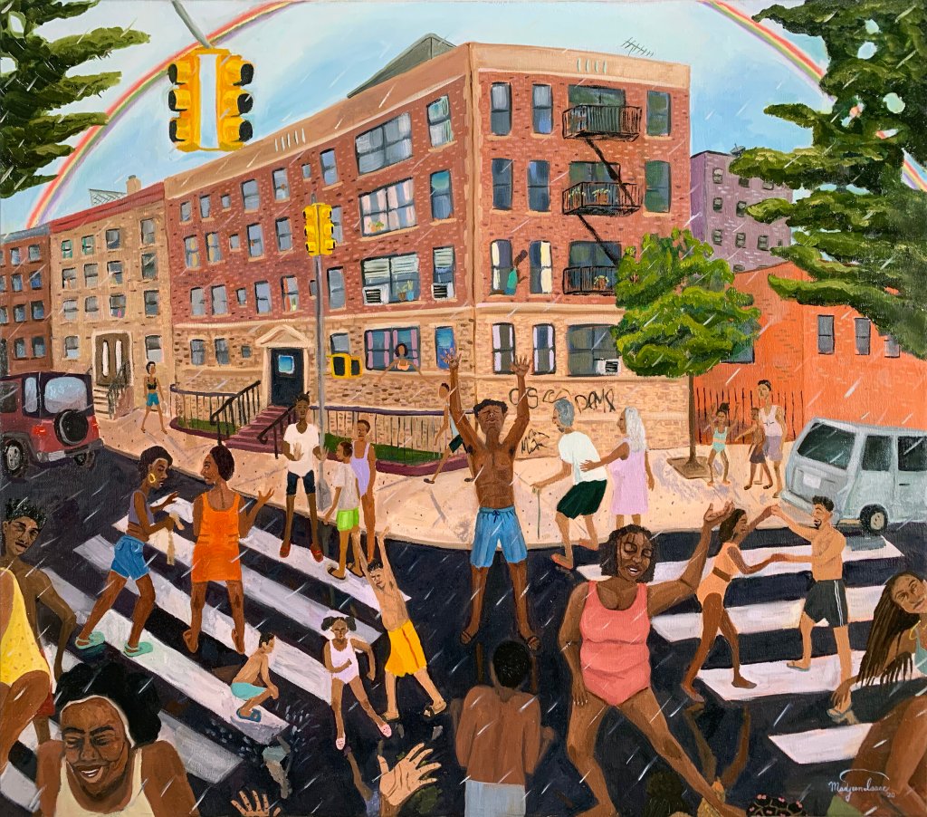 A photo of a colorful painting in which people are dancing in the street. There is rain and a rainbow.