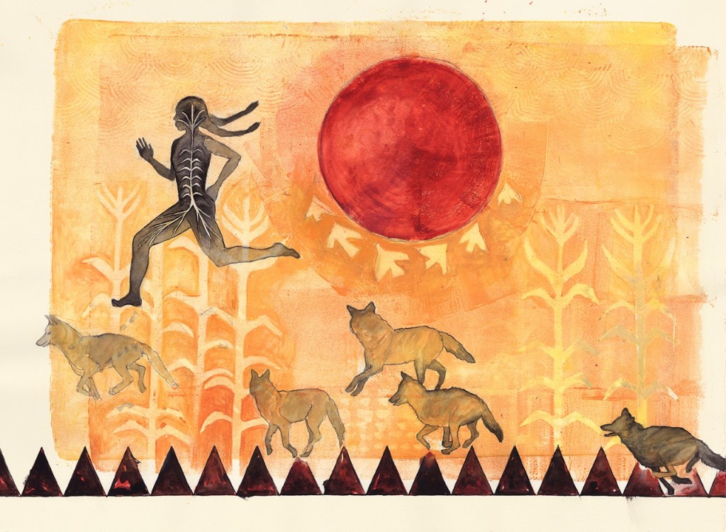 An image of a painting. The background is yellow-orange with corn, birds and a red sun. There is an image of a person running above coyotes.