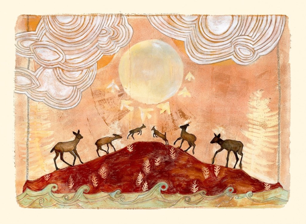 A painting with a peach background, and a brown mountain with animals walking on top of it. There is also a sun surrounded by birds and puffy clouds. In the foreground there are waves.