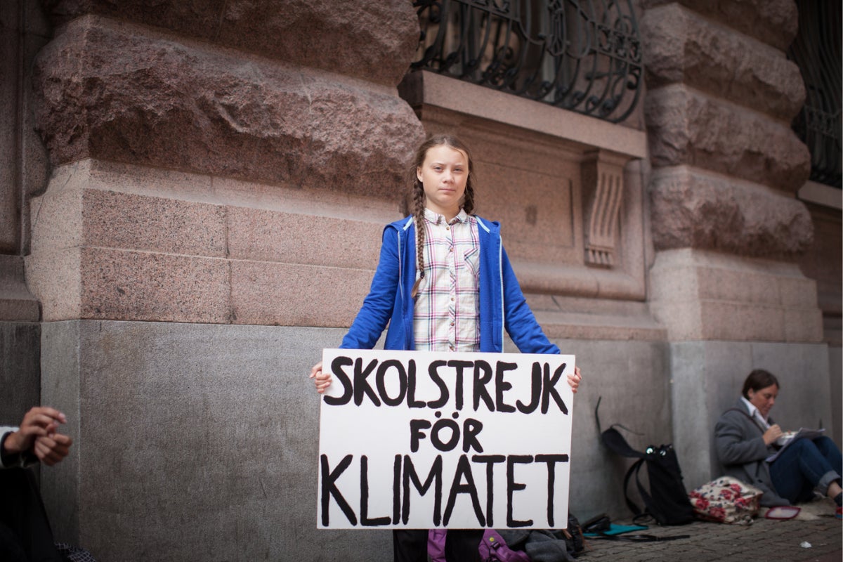 Greta Thunberg holds up a sign saying 'Skolstrejk för klimatet' (School Strike for Climate) outside Swedish Parliament. 